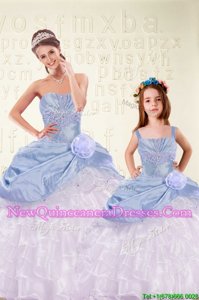 Fashionable Light Blue Ball Gowns Organza and Taffeta Sweetheart Sleeveless Beading and Ruffled Layers and Hand Made Flower Floor Length Lace Up Quinceanera Dresses