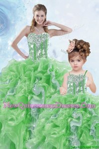 Artistic Organza Sweetheart Sleeveless Lace Up Beading and Ruffles and Sequins Sweet 16 Quinceanera Dress inGreen