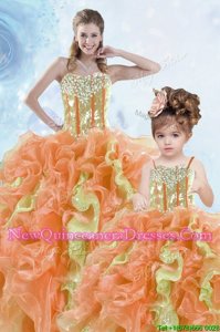 Stylish Sleeveless Floor Length Beading and Ruffles and Sequins Lace Up Quinceanera Dresses with Multi-color