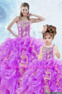 Lovely Beading and Ruffles and Sequins Vestidos de Quinceanera Multi-color Lace Up Sleeveless Floor Length