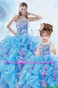 Designer Sweetheart Sleeveless Quinceanera Dress Floor Length Beading and Ruffles and Sequins Multi-color Organza