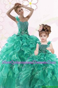 Flare One Shoulder Sleeveless Lace Up Floor Length Beading and Ruffles Sweet 16 Dresses