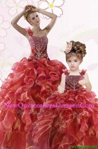 Extravagant One Shoulder Beading and Ruffles Quince Ball Gowns Coral Red Lace Up Sleeveless Floor Length