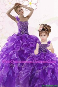 Unique Purple Ball Gowns Organza Sweetheart Sleeveless Beading and Ruffles Floor Length Lace Up Vestidos de Quinceanera