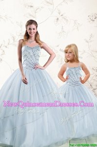 Eye-catching Baby Blue Tulle Lace Up Sweetheart Sleeveless Floor Length Quinceanera Gown Beading