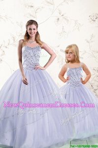 Floor Length Purple Sweet 16 Dress Tulle Sleeveless Spring and Summer and Fall and Winter Beading