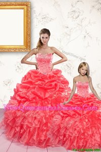 Beauteous Coral Red Ball Gowns Sweetheart Sleeveless Organza Floor Length Lace Up Beading and Ruffles and Pick Ups Quinceanera Gown