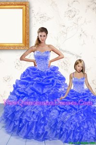 Beading and Ruffles and Pick Ups Sweet 16 Dress Royal Blue Lace Up Sleeveless Floor Length