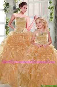 Strapless Sleeveless Ball Gown Prom Dress Floor Length Beading and Ruffles Orange Organza