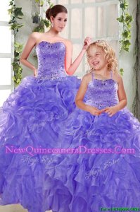 Pretty Lavender Ball Gowns Organza Strapless Sleeveless Beading and Ruffles Floor Length Lace Up Sweet 16 Quinceanera Dress