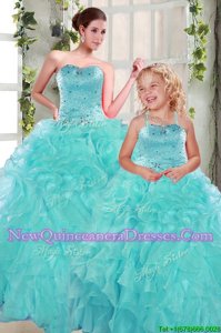 Luxurious Floor Length Ball Gowns Sleeveless Turquoise 15th Birthday Dress Lace Up