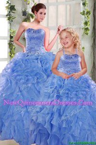 Sumptuous Organza Sweetheart Sleeveless Lace Up Beading and Ruffles 15 Quinceanera Dress inBlue