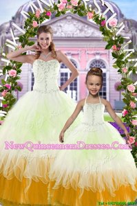 Cute Sleeveless Beading and Ruffles Lace Up Quince Ball Gowns