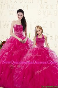 Simple Sleeveless Floor Length Beading and Ruffles Lace Up Quince Ball Gowns with Fuchsia