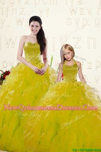 Popular Yellow Sleeveless Organza Lace Up Vestidos de Quinceanera for Military Ball and Sweet 16 and Quinceanera