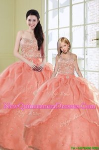 Best Watermelon Red Organza Lace Up Sweetheart Sleeveless Floor Length Quinceanera Gown Beading and Sequins