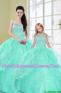 Noble Turquoise Ball Gowns Sweetheart Sleeveless Organza Floor Length Lace Up Beading and Sequins Quinceanera Gown