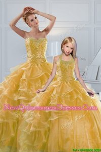 Adorable Sleeveless Floor Length Beading and Ruffled Layers Lace Up Quinceanera Dresses with Gold