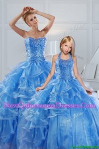 Artistic Baby Blue Sweetheart Lace Up Beading and Ruffled Layers Quince Ball Gowns Sleeveless