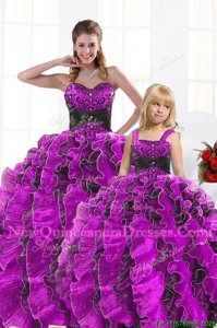 Great Fuchsia Sweet 16 Quinceanera Dress Military Ball and Sweet 16 and Quinceanera and For withBeading and Appliques and Ruffles Sweetheart Sleeveless Lace Up