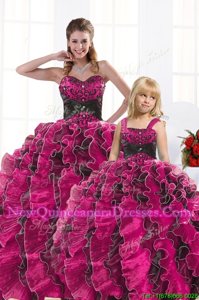 Modest Sweetheart Sleeveless Lace Up Quince Ball Gowns Hot Pink Organza