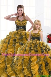 Superior Ball Gowns Quince Ball Gowns Gold Sweetheart Organza Sleeveless Floor Length Lace Up