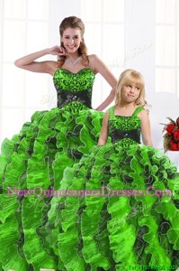 Hot Sale Beading and Appliques and Ruffles Sweet 16 Quinceanera Dress Spring Green Lace Up Sleeveless Floor Length