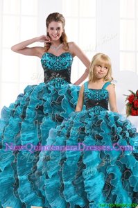 Vintage Floor Length Aqua Blue Sweet 16 Dress Sweetheart Sleeveless Lace Up