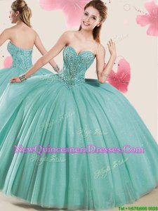 Delicate Apple Green Ball Gowns Sweetheart Sleeveless Tulle Floor Length Lace Up Beading and Sequins Sweet 16 Dresses