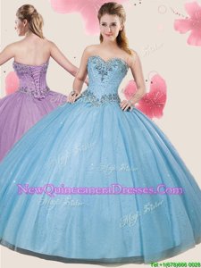 Sophisticated Tulle Sweetheart Sleeveless Lace Up Beading and Sequins Quinceanera Gowns inLight Blue