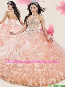 Fabulous Pick Ups Ruffled Peach Sleeveless Organza Lace Up Quinceanera Gown for Military Ball and Sweet 16 and Quinceanera