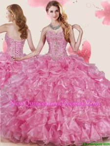 Great Floor Length Ball Gowns Sleeveless Rose Pink Sweet 16 Dresses Lace Up