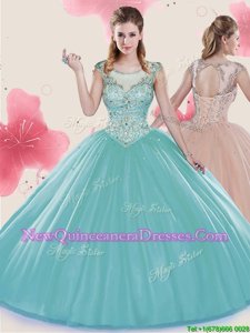 Customized Aqua Blue Ball Gowns Tulle Scoop Cap Sleeves Beading Floor Length Lace Up Quinceanera Gown