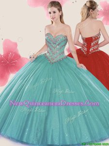 Turquoise Lace Up Quinceanera Dress Beading and Sequins Sleeveless Floor Length