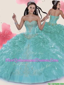 Adorable Turquoise Sleeveless Floor Length Beading and Embroidery and Ruffled Layers Lace Up Quinceanera Dress