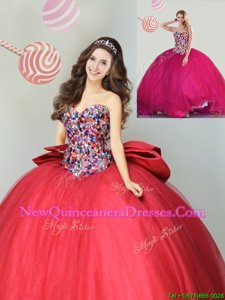 Sophisticated Sweetheart Sleeveless Tulle Ball Gown Prom Dress Beading and Bowknot Lace Up