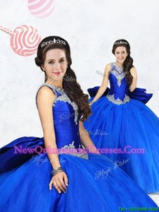 Smart Scoop Royal Blue Tulle Lace Up Quinceanera Dress Sleeveless Floor Length Beading and Bowknot