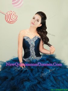 Hot Selling Four Piece Navy Blue Lace Up Quinceanera Gown Beading and Ruffles Sleeveless With Brush Train