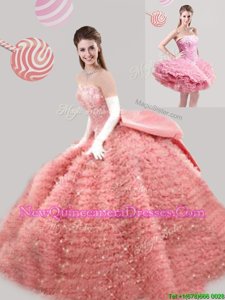 Superior Floor Length Peach Quinceanera Gown Tulle Sleeveless Spring and Summer and Fall and Winter Beading and Ruffles and Bowknot