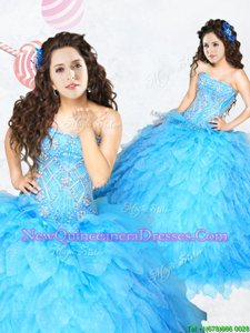 Amazing Baby Blue and Orange Sleeveless Floor Length Beading and Ruffles Lace Up 15 Quinceanera Dress