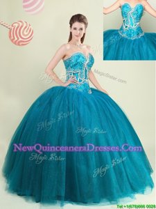 Glorious Teal Quinceanera Gown Military Ball and Sweet 16 and Quinceanera and For withBeading Sweetheart Sleeveless Lace Up