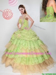 Perfect One Shoulder Sleeveless Organza and Tulle Vestidos de Quinceanera Beading and Appliques and Ruffled Layers and Pick Ups and Hand Made Flower Lace Up