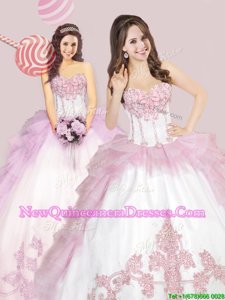 Tulle Sweetheart Sleeveless Lace Up Appliques and Ruffled Layers and Bowknot 15 Quinceanera Dress in White and Pink And White