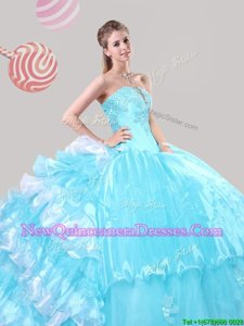 Inexpensive Blue And White Lace Up Quinceanera Gowns Beading and Ruffles Sleeveless Floor Length