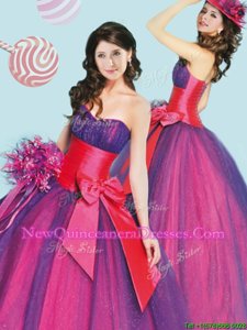 Pretty Hot Pink and Purple Ball Gowns Tulle Sweetheart Sleeveless Bowknot Floor Length Lace Up Quince Ball Gowns