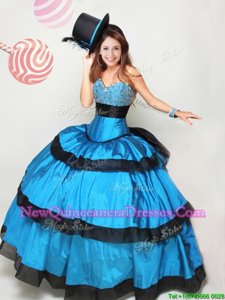 Classical Floor Length Lace Up Quinceanera Gown Black and Blue and In for Military Ball and Sweet 16 and Quinceanera withBeading and Ruffled Layers