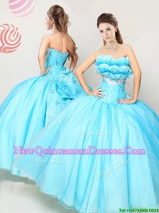 Designer Floor Length Aqua Blue Quince Ball Gowns Sweetheart Sleeveless Lace Up