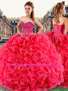 Colorful Coral Red Sleeveless Floor Length Ruffles and Sequins Lace Up Vestidos de Quinceanera