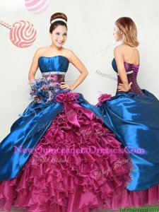 High End Teal and Fuchsia Ball Gowns Organza and Taffeta Strapless Sleeveless Beading and Ruffles and Hand Made Flower Floor Length Lace Up Sweet 16 Dress