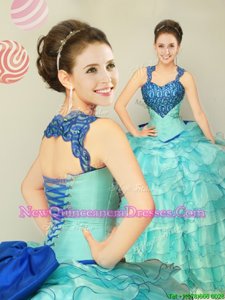 Classical Straps Straps Blue Lace Up 15th Birthday Dress Ruffled Layers and Bowknot Sleeveless Floor Length